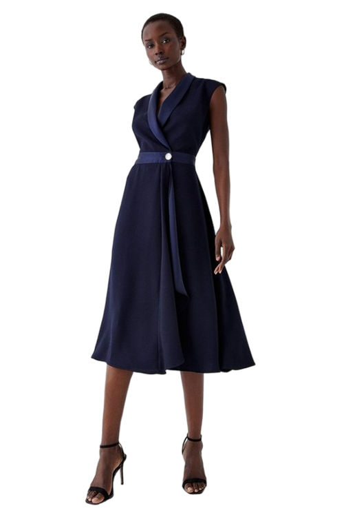 Jacques Vert Navy Sleeveless Tux Wrap Fluid Midi Dress BCC05484