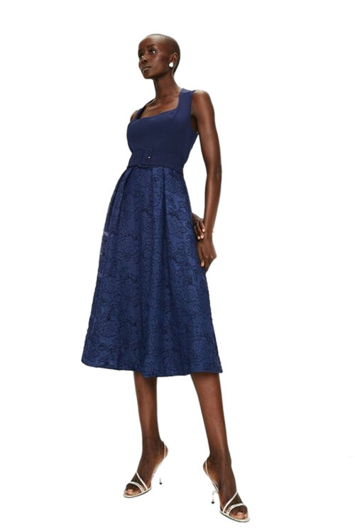 Jacques Vert Navy Square Neck Embroidered Midi Dress BCC03241