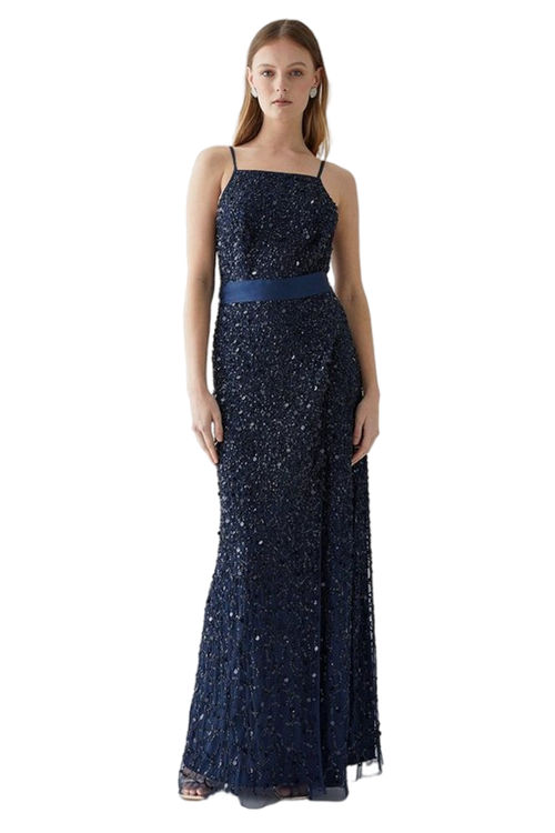 Jacques Vert Navy Strappy Sequin Wrap Skirt Bridesmaids Dress With Belt BCC04784