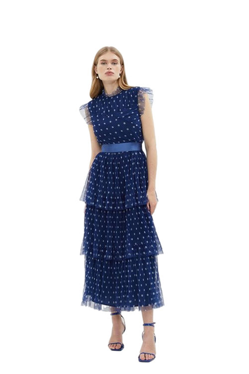 Jacques Vert Navy Tiered Mesh Belted Midi Dress BCC03614