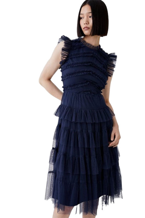 Jacques Vert Navy Tulle Ruffle Bodice Tiered Midi Dress BCC05301