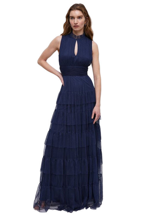 Jacques Vert Navy Tulle Tiered Frill Sleeve Bridesmaids Maxi Dress BCC04787