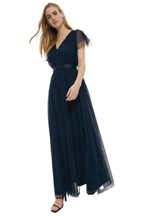 Jacques Vert Navy Tulle V-Neck Tie Belt Bridesmaid Maxi Dress ACC95330