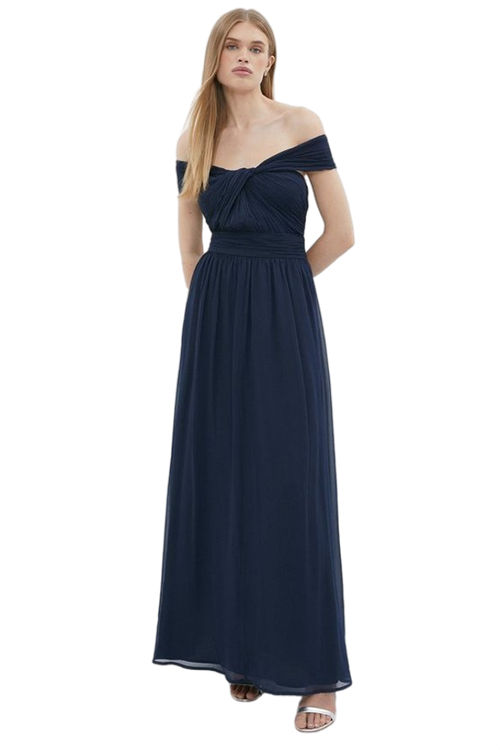 Jacques Vert Navy Twist Bardot Crinkle Chiffon Maxi Dress BCC02607