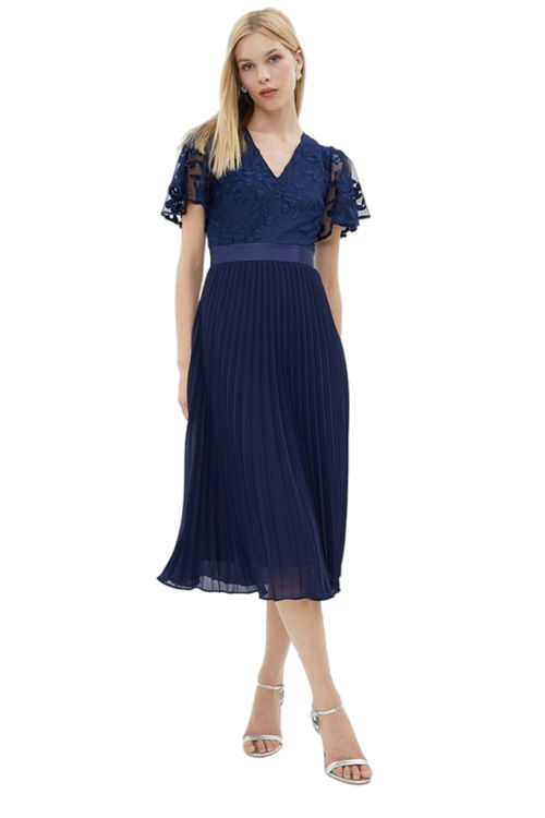 Jacques Vert Navy V Neck Embroidered Midi Dress BCC03259