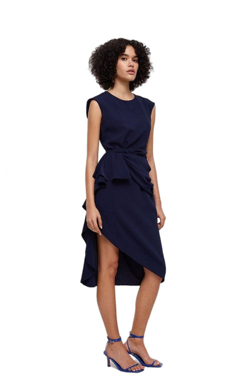 Jacques Vert Navy Waterfall Ruffle Drape Midi Dress BCC03878