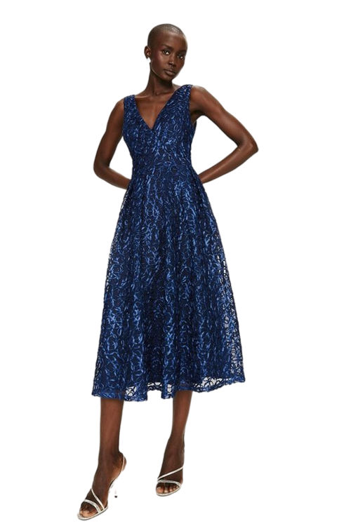 Jacques Vert Navy Wrap Front Embroidered Full Skirt Midi Dress​ BCC03257