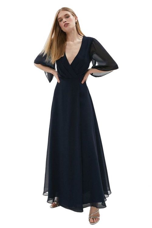 Jacques Vert Navy Wrap Front Flute Sleeve Fluid Skirt Maxi Dress BCC01344