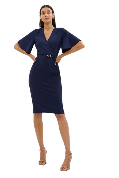 Jacques Vert Navy Wrap Top Ponte Flare Sleeve Pencil Dress BCC02793