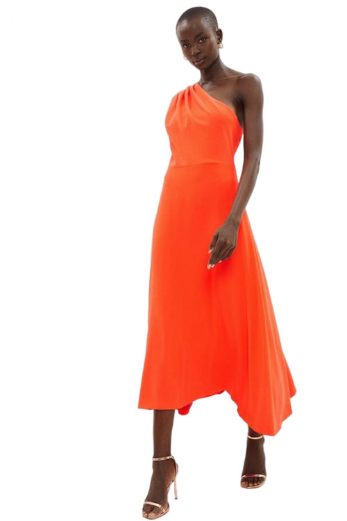 Jacques Vert Neon-Coral One Shoulder Drape Front Flowing Skirt Midi Dress BCC01832