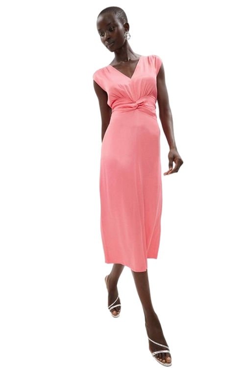 Jacques Vert Neon-Coral Twist Front Satin Sleeveless Midi Dress BCC01016