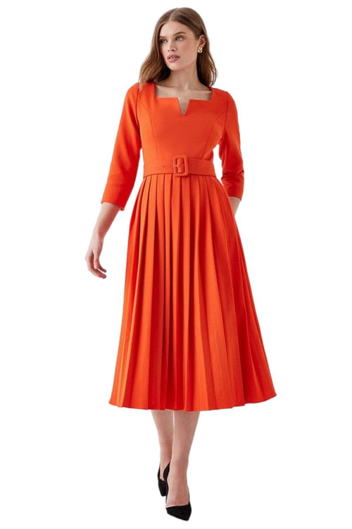 Jacques Vert Orange Belted Notch Neck Pleat Midi Dress BCC05252