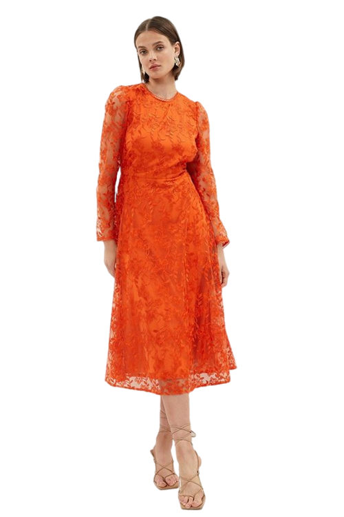 Jacques Vert Orange Lace Long Sleeve Full Skirt Midi Dress BCC02017