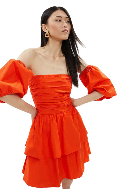 Jacques Vert Orange Ruched Bodice Tiered Mini Dress With Detachable Sleeve BCC01443