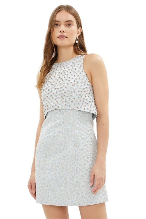 Jacques Vert Pale Blue Overlay Embellished Jacquard Mini Dress BCC02587