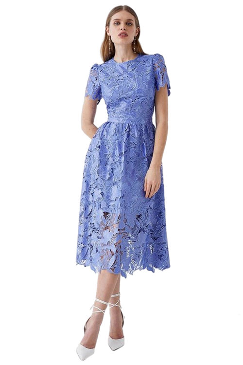 Jacques Vert Pale Blue Premium Floral Satin Lace Midi Dress BCC05106