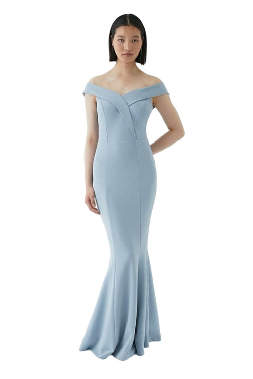 Jacques Vert Pale Blue Sculpting Crepe Bardot Fishtail Bridesmaids Maxi Dress BCC04340