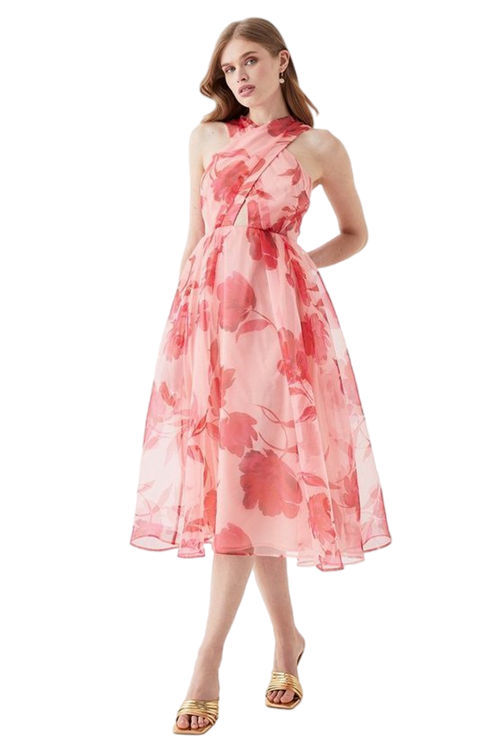 Jacques Vert Peach Cross Front Printed Organza Midi Dress BCC05744