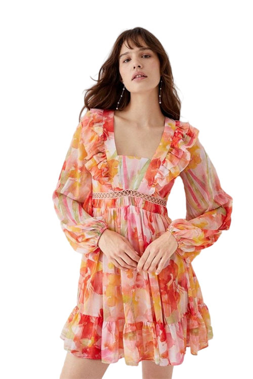 Jacques Vert Peach Printed Tie Back Ruffle Detail Mini Dress BCC05748