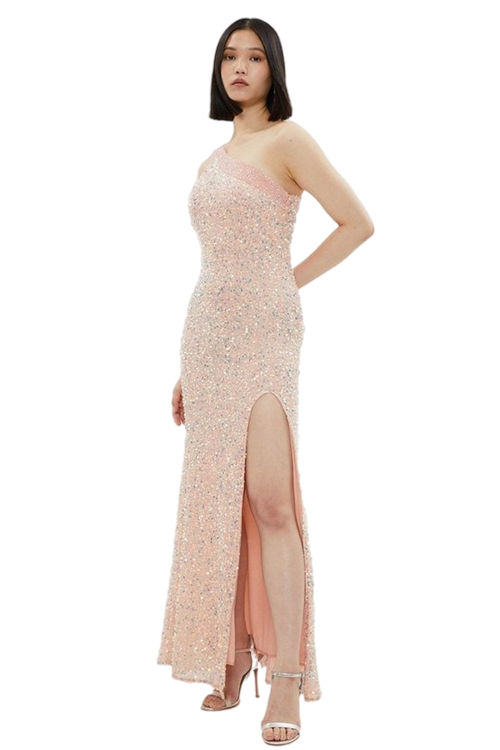 Jacques Vert Pink All Over Embellished One Shoulder Maxi Dress BCC02218