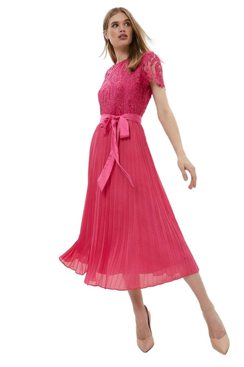 Jacques Vert Pink Belted Lace Bodice Pleat Skirt Midi Dress ACC03455