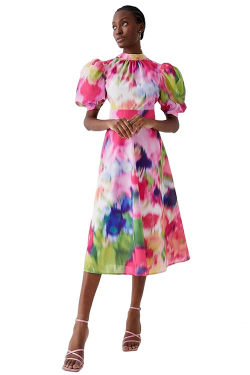 Jacques Vert Pink Blurred Floral Puff Sleeve Cutout Back Midi Dress BCC05089