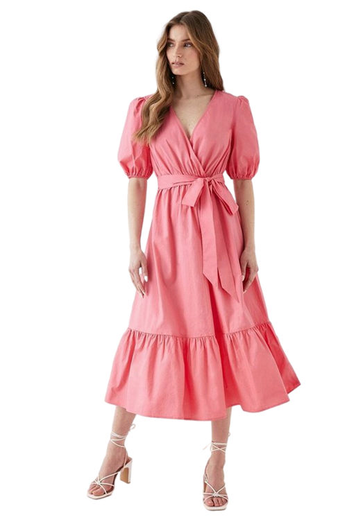 Jacques Vert Pink Cotton Wrap Tiered Midi Dress BCC05351