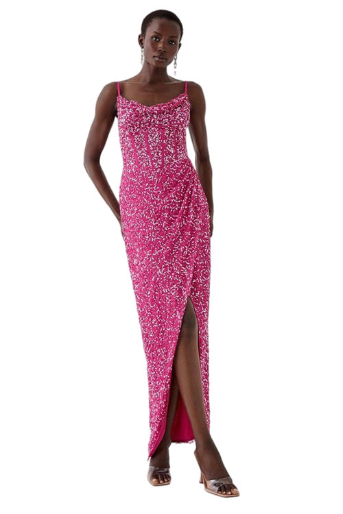 Jacques Vert Pink Cowl Neck Corset Bodice Sequin Maxi Dress BCC03799