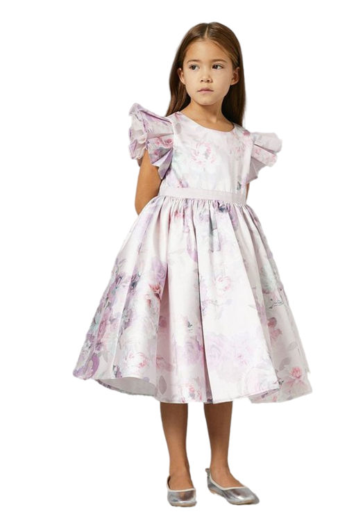 Jacques Vert Pink Girls Frill Sleeve Printed Twill Dress BCC03027