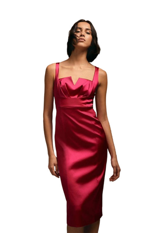 Jacques Vert Pink Julie Kuyath Premium Italian Satin Cross Front Pencil Midi Dress BCC03963