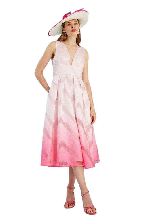 Jacques Vert Pink Lisa Tan Plunge Neck Textured Ombre Midi Dress BCC05527