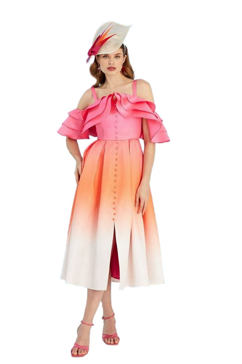 Jacques Vert Pink Lisa Tan Ruffle Sleeve Ombre Midi Dress BCC05531