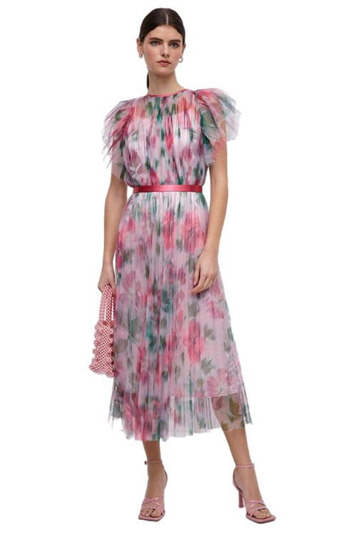 Jacques Vert Pink Mesh Printed Dress With Pleated Skirt ACC00282