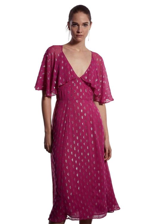 Jacques Vert Pink Metallic Spot Cape Sleeve Midi Dress BCC03722