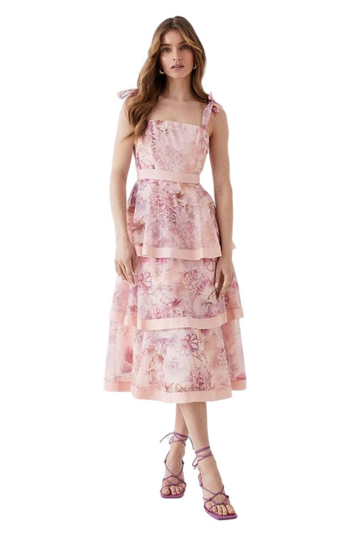 Jacques Vert Pink Organza Tiered Midi Dress BCC05370