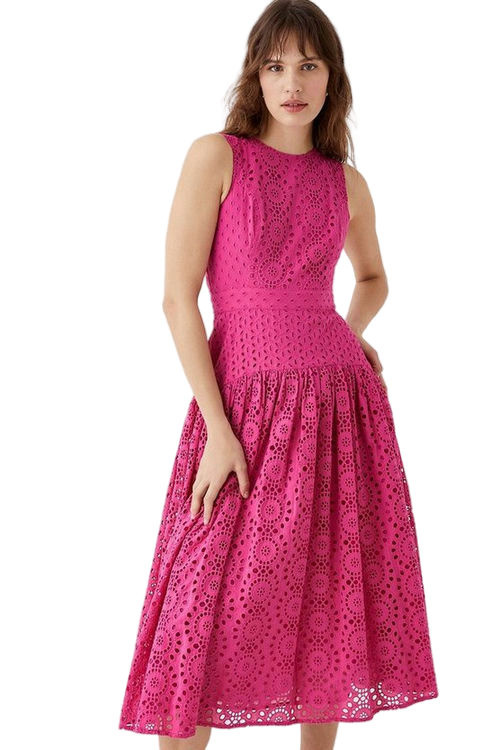 Jacques Vert Pink Panelled Drop Waist Broderie Midi Dress BCC04930