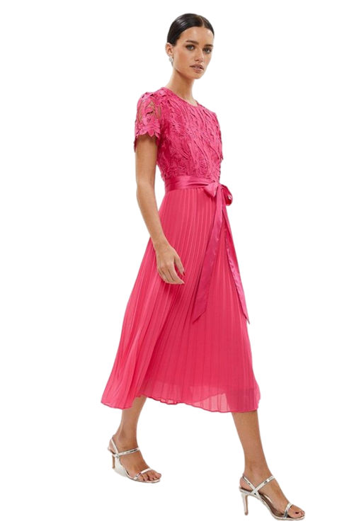 Jacques Vert Pink Petite Belted Lace Bodice Pleat Skirt Midi Dress BCC02570