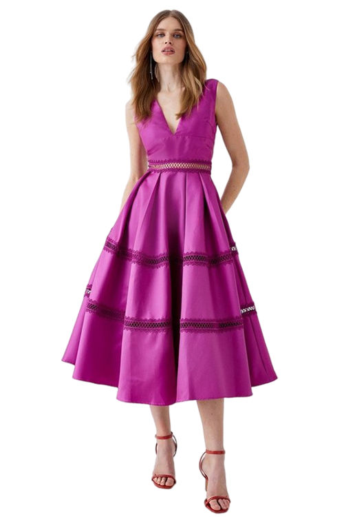 Jacques Vert Pink Plunge Neck Twill Midi Dress With Lace Trims BCC05048