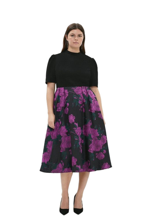 Jacques Vert Pink Plus Size Floral Detailed Jacquard Midi Dress BCC01481