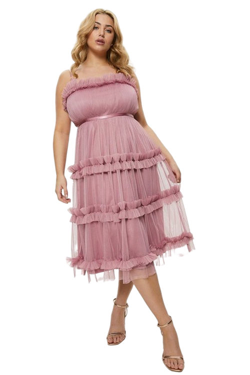 Jacques Vert Pink Plus Size Tiered Ruffle Skirt Midi Dress BCC00287