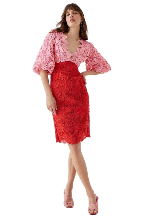 Jacques Vert Pink Puff Sleeve Lace Pencil Dress BCC05118