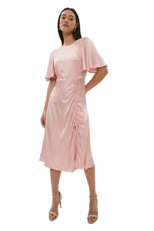 Jacques Vert Pink Satin Angel Sleeve Ruched Detail Dress BCC00069