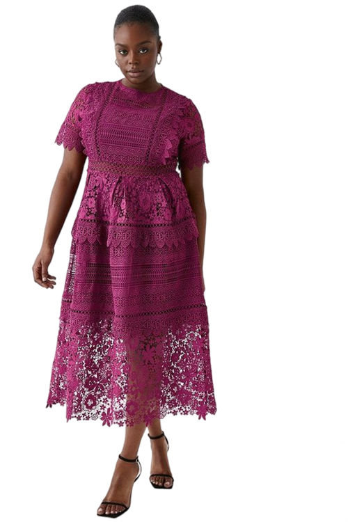 Jacques Vert Plum Plus Lace Mix Midi Dress BCC03998