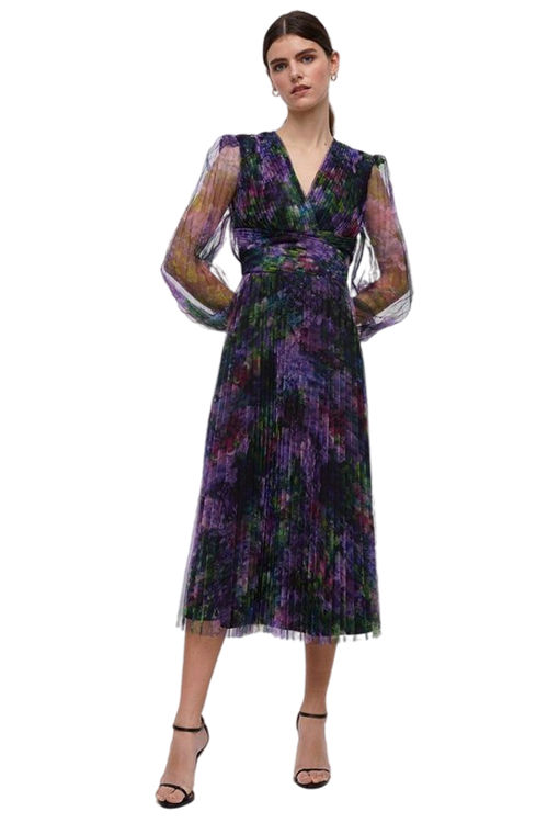 Jacques Vert Purple Long Sleeve Waist Detail Pleated Mesh Midi Dress BCC04580