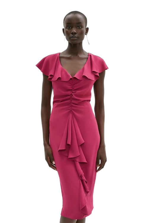 Jacques Vert Raspberry Ruffle V Neck Pencil Dress BCC03792