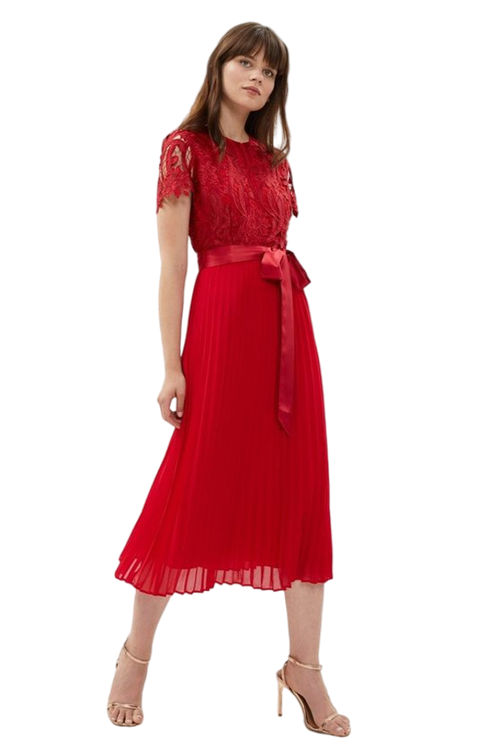 Jacques Vert Red Belted Lace Bodice Pleat Skirt Midi Dress ACC03455