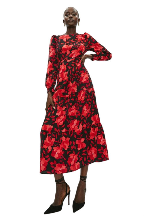 Jacques Vert Red Crew Neck Printed Midaxi Dress BCC00208