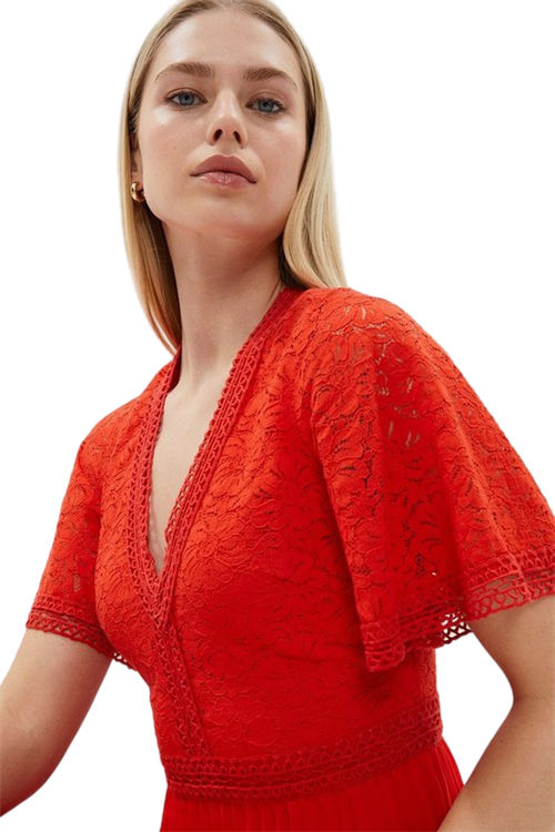 Jacques Vert Red Lace Bodice Angel Sleeve Pleat Skirt Midi Dress BCC00806