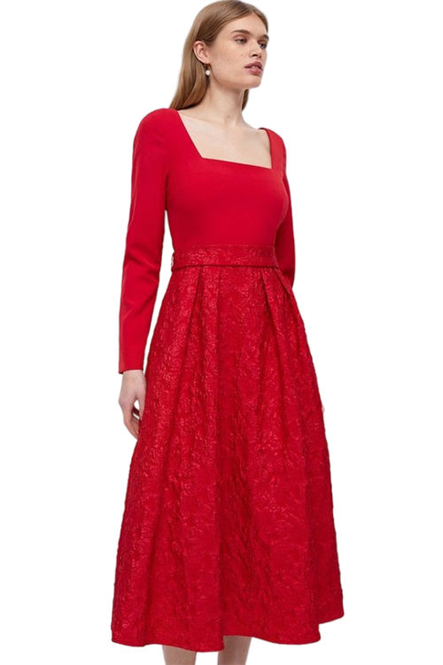 Jacques Vert Red Long Sleeve Jacquard Skirt Belted Midi Dress BCC04329