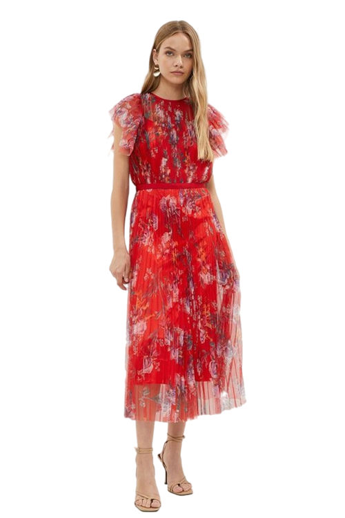 Jacques Vert Red Mesh Printed Dress With Pleated Skirt ACC00282